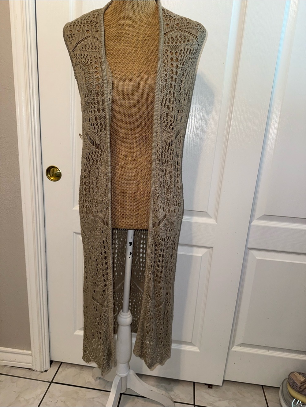 Chelsea & Theodore Long Open Knit Crochet Cardigan in Taupe
